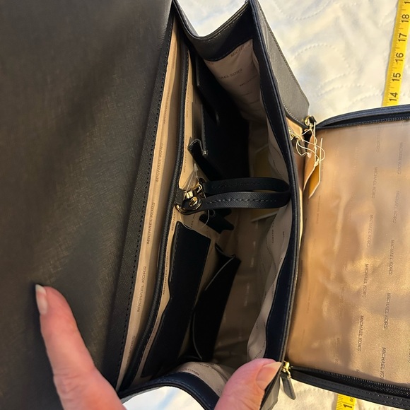 Michael Kors Navy Leather Essex Satchel with Gold Accents - Picture 4 of 7